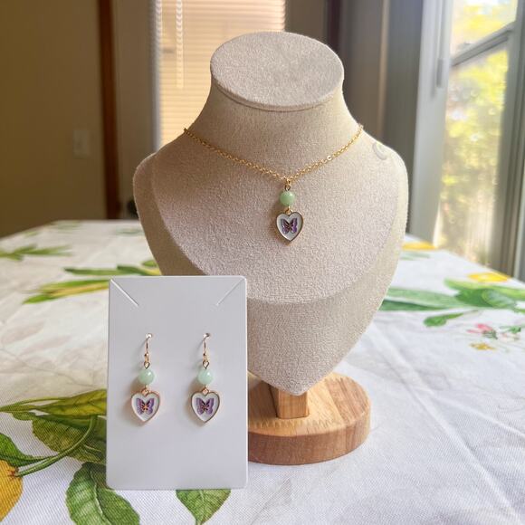 Kawaii Butterfly Heart Jewelry Set, Mint Colored Jewelry, Cute Fun Bug Jewelry - Picture 1 of 8